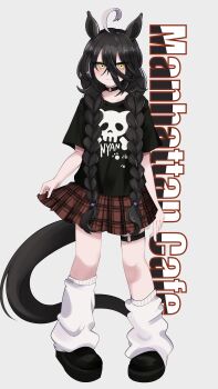 Rule 34 | 1girl, absurdres, alternate hair color, animal ears, black choker, black shirt, black shoes, blue hair, book-16key, braid, character name, choker, closed mouth, commentary, crossed bangs, english commentary, gothic punk, hair between eyes, highres, horse ears, horse girl, horse tail, light smile, long bangs, long hair, long hair between eyes, loose socks, manhattan cafe (umamusume), multicolored hair, no earrings, o-ring, o-ring choker, plaid clothes, plaid skirt, pleated skirt, punk, red skirt, shirt, shoes, short sleeves, simple background, skirt, skirt hold, socks, solo, standing, streaked hair, tail, twin braids, umamusume, very long hair, white background, white socks, yellow eyes