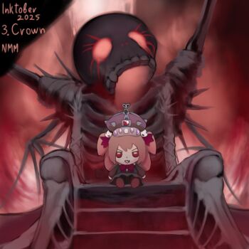 1girl :d black_cardigan black_skirt bow bowtie brown_hair brown_shoes cardigan character_doll commentary crown doll english_commentary evil_neuro-sama fang hair_ribbon highres inktober long_hair long_sleeves looking_at_viewer neuro-sama nightmaremask07 no_pupils open_mouth red_bow red_bowtie red_eyes red_ribbon ribbon shoes sitting_on_throne skeleton skin_fang skirt smile solo spikes two_side_up v-shaped_eyebrows vedal_ai