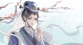 Rule 34 | 1girl, absurdres, black hair, blue background, blue hanfu, blue hat, branch, chinese clothes, earrings, eyeshadow, facial mark, flower, forehead mark, gradient background, grey eyes, guan hat, hand up, hanfu, hat, highres, jewelry, looking at viewer, makeup, master ren (reverse:1999), orchid fingers, red eyeshadow, red flower, red lips, red nails, relws, reverse:1999, smile, snow, solo, updo, upper body, veil, white background, white veil