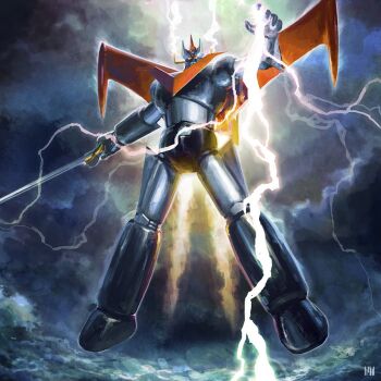 cloud cloudy_sky flying fmu great_mazinger great_mazinger_(robot) holding holding_sword holding_weapon jetpack lightning mazinger_(series) mecha realistic retro_artstyle robot sky super_robot sword weapon
