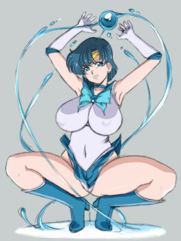 armpits arms_up bishoujo_senshi_sailor_moon blue_boots blue_bow blue_bowtie blue_choker blue_eyes blue_hair blue_skirt boots bow bowtie brooch choker clothes_lift covered_erect_nipples covered_navel earrings elbow_gloves gloves high_heels highres hydrokinesis jewelry knee_boots lento_(glamour_works) looking_at_viewer miniskirt mizuno_ami panties parted_bangs puddle sailor_mercury sailor_senshi_uniform short_hair skirt skirt_lift smile spread_legs squatting stud_earrings thick_thighs thighs underwear v-shaped_eyebrows water water_orb white_gloves white_panties