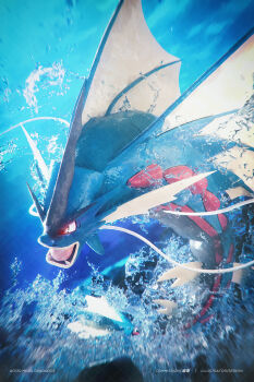 3d animal_focus artist_name celebi350300687 character_name cinema_4d_(medium) commentary_request commission fangs gen_1_pokemon gyarados highres mega_gyarados mega_pokemon nintendo no_humans open_mouth pixiv_commission pokedex_number pokemon pokemon_(creature) pokemon_focus red_eyes solo v-shaped_eyes water watermark watermark_grid