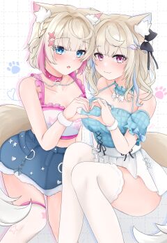 2girls absurdres animal_ears bare_shoulders blonde_hair blue_eyes blue_hair blue_shirt blue_skirt blush braid breasts collar commentary detached_collar detached_sleeves dog_ears dog_girl dog_tail english_commentary fuwawa_abyssgard hair_ornament heart heart_hands highres large_breasts long_hair looking_at_viewer mococo_abyssgard multicolored_hair multiple_girls open_mouth original pink_collar pink_eyes pink_hair shirt siblings single_thighhigh sitting skirt sleeveless sleeveless_shirt smile st-147 streaked_hair tail thighhighs white_shirt white_skirt white_thighhighs x_hair_ornament