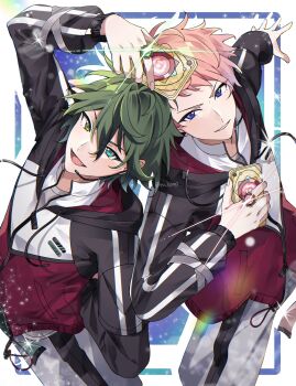 2boys aqua_eyes arm_up cellphone clenched_teeth commentary drawstring ensemble_stars! fang fingernails green_hair hair_between_eyes headset heterochromia highres holding holding_phone hood hood_down hooded_jacket itsuki_shu jacket jewelry kagehira_mika long_sleeves looking_at_viewer male_focus multiple_boys open_mouth outstretched_hand phone pink_hair purple_eyes ring short_hair smartphone smile teeth tu_(tu_lip003) twitter_username valkyrie_(ensemble_stars!) yellow_eyes zipper_pull_tab