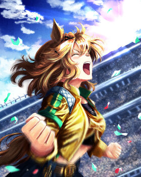 animal_ears bandeau black_bandeau blue_skirt blue_sky braid brown_hair closed_eyes cloud commentary_request confetti hair_between_eyes hair_ornament hairclip half_up_braid half_up_half_down_braid highres horse_ears horse_girl horse_tail jacket jungle_pocket_(champion's_battle_cry)_(umamusume) jungle_pocket_(umamusume) long_sleeves medium_hair midriff navel open_mouth outdoors shouting skirt sky smile tail teeth umamusume umamusume:_beginning_of_a_new_era upper_teeth_only ya-ya yellow_bandeau yellow_jacket