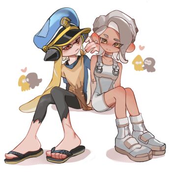 2girls agent_3_(splatoon) agent_8_(splatoon) bare_shoulders black_footwear black_leggings blonde_hair blue_hat bodysuit captain_3_(splatoon) chinese_commentary closed_mouth collarbone earrings eyes_visible_through_hair feiguasang frown grey_hair hand_in_another's_hair hat headgear heart highres inkling inkling_girl inkling_player_character jewelry leggings long_hair looking_at_another medium_hair multiple_girls neck_ring nintendo octoling octoling_girl octoling_player_character octopus peaked_cap red_eyes sandals scar scar_on_leg simple_background single_earring sitting splatoon_(series) splatoon_3 splatoon_3:_side_order squid suction_cups tentacle_hair torn_clothes torn_leggings white_background white_bodysuit white_footwear yellow_eyes