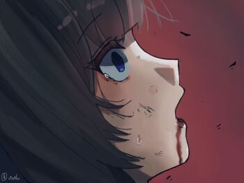 1girl blood blood_from_mouth blood_on_face blue_eyes brown_hair close-up from_side genshin_impact open_mouth portrait red_background sandrone_(genshin_impact) scene_reference solo tearing_up twitter_username vtu4ln wide-eyed