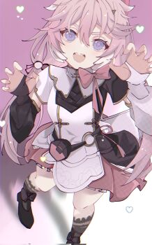 +_+ 1girl encore_(wuthering_waves) asymmetrical_sleeves black_footwear black_socks blue_eyes bow bowtie detached_sleeves dress hands_up heart highres long_hair looking_at_viewer open_mouth pink_bow pink_hair raphaellaaaa sheep simple_background smile socks solo standing wuthering_waves