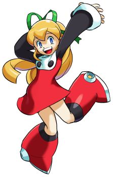 Rule 34 | 1990s (style), 1998, absurdres, android, bengus, blonde hair, blue eyes, blush, boots, capcom, dress, full body, game cg, green ribbon, hand up, highres, joints, leg up, long sleeves, looking at viewer, marvel, marvel vs. capcom, marvel vs. capcom 1, mechanical boots, mechanical legs, mega man (series), non-web source, official art, open mouth, ponytail, red boots, red dress, retro artstyle, ribbon, robot girl, robot joints, roll (mega man), sidelocks, simple background, skirt, smile, solo, white background