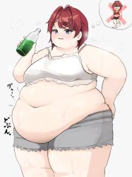 Rule 34 | 7sufyfhysfsdkn0, ange katrina, ange katrina (6th costume), armpit crease, blush, bottle, camisole, camisole lift, clothes lift, commentary request, fat, fat rolls, hair intakes, hair ornament, hairclip, hand on own hip, heavy breathing, highres, holding, holding bottle, lace-trimmed camisole, lace trim, medium hair, nijisanji, obese, red hair, skindentation, sound effects, steaming body, sweat, thick thighs, thighs, thought bubble, very sweaty, virtual youtuber, white camisole