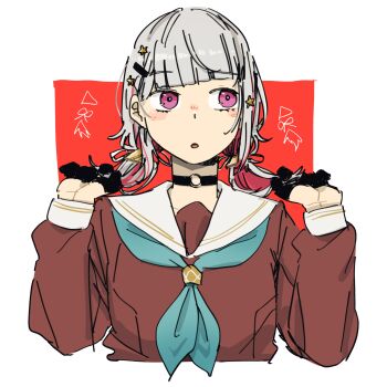 1girl 524ryo :o absurdres aqua_neckerchief black_choker black_gloves border brown_dress choker colored_inner_hair commentary_request dress gloves grey_hair hair_ornament hairclip half_gloves hasu_no_sora_school_uniform highres link!_like!_love_live! long_sleeves love_live! low_twintails medium_hair multicolored_hair neckerchief o-ring o-ring_choker official_alternate_hairstyle on_your_mark_(love_live!) outside_border parted_lips pink_eyes red_background red_hair red_streaks sailor_collar sailor_dress school_uniform short_twintails simple_background solo star_(symbol) star_hair_ornament streaked_hair twintails virtual_youtuber white_border white_sailor_collar winter_uniform yugiri_tsuzuri