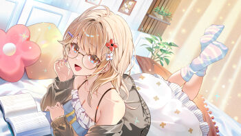 1girl :d absurdres ahoge azna bed_sheet blush breasts brown_eyes brown_hair cardigan cleavage collarbone commentary_request curtains dress feet_up flower glasses grey_cardigan hair_flower hair_ornament hairclip highres indoors iriam long_hair looking_at_viewer lying medium_breasts on_bed on_stomach open_mouth picture_frame pillow plant potted_plant sidelocks smile socks soles solo the_pose virtual_youtuber white_dress