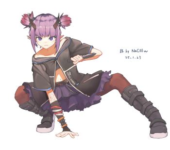 1girl arknights belt black_boots black_jacket boots closed_mouth colored_tips commentary_request ear_piercing full_body hand_on_ground holding holding_weapon horns jacket lava_(arknights) multicolored_hair naclllw navel pantyhose piercing pointy_ears purple_eyes purple_hair purple_skirt red_hair red_pantyhose short_sleeves short_twintails sidelocks simple_background skirt solo twintails weapon white_background