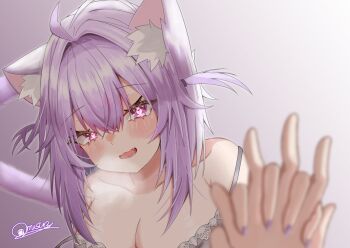 1girl animal_ear_fluff animal_ears atatamemusubi bare_shoulders blurry blurry_background blurry_foreground blush breasts cat_ears cat_girl cat_tail cleavage commentary_request fangs gradient_background hololive interlocked_fingers large_breasts medium_hair nekomata_okayu parted_lips pov purple_eyes purple_hair purple_tail simple_background solo_focus spaghetti_strap tail two_side_up upper_body virtual_youtuber