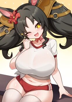 +_+ 1girl :d ;d absurdres animal_ears black_hair blush breasts brown_eyes buruma drill_hair drill_sidelocks fang flower gician_l groin hair_flower hair_ornament highres horse_ears horse_girl huge_breasts looking_at_viewer marvelous_sunday_(umamusume) medium_hair navel one_eye_closed open_mouth red_buruma red_flower see-through_clothes see-through_shirt shirt short_sleeves sidelocks sitting smile solo star-shaped_pupils star_(symbol) symbol-shaped_pupils umamusume white_shirt