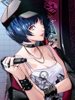 absurdres armlet black_hair black_hat black_nails breasts brown_eyes choker cleavage commentary doctor english_commentary gothic_punk graffiti hat highres jewelry light_smile lipstick looking_at_viewer makeup multiple_rings necklace persona persona_5 ring spiked_armlet spiked_choker spikes takemi_tae tank_top wanderstillart white_tank_top