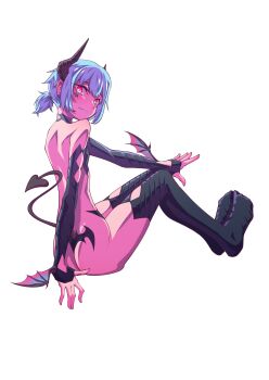 Rule 34 | 1boy, absurdres, androgynous, blue hair, commentary, demon boy, demon horns, demon tail, full body, hej 510, highres, horns, navel, nude, original, pink eyes, ponytail, short hair, short ponytail, simple background, sitting, skinny, tail, thighhighs, untranslatable commentary, white background