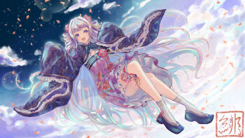 1girl black_shoes blue_eyes blue_shrug character_request chinese_clothes cloud commentary_request commission dress flower frilled_sleeves frills grey_hair hair_flower hair_ornament hanfu highres indie_virtual_youtuber kaibara_akehiko long_hair long_sleeves looking_at_viewer night night_sky open_mouth purple_dress qixiong_ruqun shoes shrug_(clothing) skeb_commission sky socks solo thigh_strap very_long_hair virtual_youtuber white_socks wide_sleeves