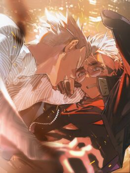 2boys absurdres black_coat black_gloves black_shirt blonde_hair blue_eyes blurry blurry_background body_markings bodysuit brothers building citronplanet coat crying crying_with_eyes_open depth_of_field falling gloves grey_bodysuit hand_on_another's_waist highres lens_flare male_focus millions_knives multiple_boys open_clothes open_coat partially_fingerless_gloves round_eyewear semi-rimless_eyewear shirt short_hair siblings skin_tight tears trigun trigun_stampede turtleneck twins undercut vash_the_stampede zipper