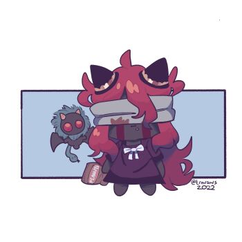 1girl :i anya_(spy_x_family) anya_(spy_x_family)_(cosplay) bag black_dress blindfold blood bloody_tears bow bowtie chibi commentary cosplay covered_eyes dated dress familiar food food_on_face full_body hairpods highres holding holding_bag horns incubus_(the_binding_of_isaac) lilith_(the_binding_of_isaac) long_hair peanut red_eyes red_hair simple_background spy_x_family the_binding_of_isaac travsaus twitter_username watermark white_bow white_bowtie wings