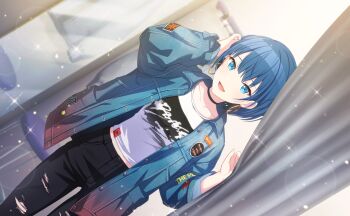 1girl :d black_choker black_pants blue_eyes blue_hair blue_jacket blurry blurry_background buddy_funny_spend_time_(project_sekai) choker colorful_palette curtains denim denim_jacket dutch_angle earrings game_cg highres hoop_earrings jacket jewelry kiritani_haruka looking_at_viewer official_art open_clothes open_jacket open_mouth pants project_sekai shirt smile solo sparkle third-party_source torn_clothes torn_pants white_shirt