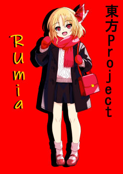 Rule 34 | 1girl, alternate costume, bag, black jacket, blonde hair, blush, character name, commentary request, copyright name, fang, hair ribbon, highres, jacket, looking at viewer, mary janes, mist9801km, mittens, open clothes, open jacket, open mouth, red background, red bag, red eyes, red mittens, red ribbon, red scarf, red shoes, ribbon, rumia, scarf, shoes, shoulder bag, simple background, smile, socks, solo, sweater, touhou, white socks, white sweater