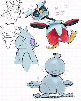 &gt;_&lt; ? commentary_request delibird full_body gen_2_pokemon grid_background highres iron_bundle kumedaira multiple_views nintendo no_humans non-humanoid_robot open_mouth pokemon pokemon_(creature) robot robot_animal star_(symbol) surprised