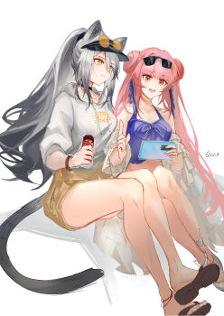Rule 34 | 2girls, :d, absurdres, animal ears, arknights, bare legs, bare shoulders, camisole, cat ears, cat tail, cellphone, ceylon (arknights), ceylon (holiday) (arknights), commentary request, double bun, eyewear on head, grey eyes, grey hair, grey hoodie, hair bun, highres, holding, holding phone, hood, hoodie, long hair, multiple girls, open mouth, phone, ponytail, sandals, schwarz (arknights), shirix, simple background, sitting, sleeveless, smartphone, smile, spaghetti strap, sunglasses, tail, thighs, very long hair, white background