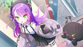 Rule 34 | 1girl, :o, absurdres, aran sweater, beret, bibi (tokoyami towa), black bow, black bowtie, black hat, black skirt, blush, bow, bowtie, breasts, cable knit, cardigan, cellphone, collared shirt, colored inner hair, commentary, creature, demon girl, demon tail, dutch angle, ear piercing, fake horns, frilled shirt, frills, green eyes, grey bow, grey cardigan, hair bun, hair ornament, hairclip, hat, heart, heart o-ring, high-waist skirt, highres, holding, holding phone, hololive, horned headwear, horns, jirai kei, korean commentary, long hair, long sleeves, looking at viewer, loose socks, lovett35, miniskirt, mixed-language commentary, multicolored hair, nail polish, o-ring, o-ring thigh strap, off shoulder, official alternate costume, one side up, open cardigan, open clothes, open mouth, outdoors, parted lips, phone, piercing, pink hair, pleated skirt, purple hair, shirt, short sleeves, single hair bun, single side bun, skirt, sleeveless, sleeveless shirt, sleeves past wrists, smartphone, socks, solo, standing, streaked hair, suspender skirt, suspenders, sweater, tail, tail ornament, tail piercing, tattoo, thigh strap, tokoyami towa, tokoyami towa (jirai kei), two-tone hair, v-shaped eyebrows, virtual youtuber, white shirt, white socks, x hair ornament, yellow nails