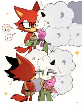 1boy 1girl 2boys absurdres afro animal_ears artist_name avatar_(sonic_forces) belt big_hair black-framed_eyewear blue_eyes blush blush_stickers brown_belt brown_gloves cat_ears closed_eyes closed_mouth coffee commentary cup curly_hair disposable_cup drinking_glass eye_contact eyeshadow furry furry_female furry_male gadget_the_wolf glasses gloves green_gloves green_pants highres holding holding_cup holding_stuffed_toy horns jewelry long_hair looking_at_another makeup multiple_boys notice_lines open_mouth overalls pants pocket pouch r_1807 red_fur shirt simple_background smile sonic_(series) sonic_forces sonic_the_hedgehog_(idw) sparkle speech_bubble standing stuffed_animal stuffed_toy tail very_long_hair white_background white_hair wolf_ears wolf_tail yellow_eyes yellow_gloves