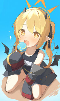 1girl absurdres black_jacket black_one-piece_swimsuit black_ribbon blonde_hair blue_archive blue_background commentary demon_girl demon_horns demon_tail demon_wings food hair_ribbon halo highres holding holding_food holding_ice_cream holding_ice_cream_cone horns ibuki_(blue_archive) ice_cream ice_cream_cone jacket loli name_tag no_hands one-piece_swimsuit pointy_ears ponytail ribbon school_swimsuit sitting sleeves_past_fingers sleeves_past_wrists sparkle sukasusu_51te swimsuit tail wariza wings yellow_eyes yellow_halo