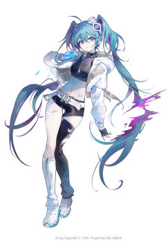 Rule 34 | 1girl, absurdres, black gloves, black shorts, breasts, fingerless gloves, gloves, green eyes, green hair, hair between eyes, hatsune miku, highres, jacket, looking at viewer, medium breasts, navel, short shorts, shorts, simple background, solo, soyoong jun, thighs, twintails, vocaloid, white background, white jacket