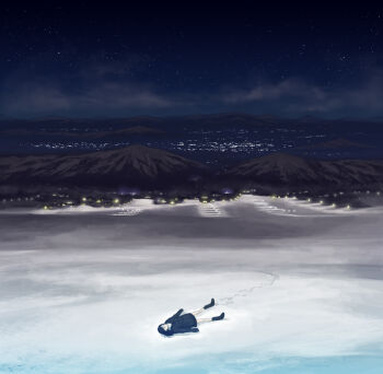 Rule 34 | 1girl, bad id, bad pixiv id, black hair, city, city lights, cloud, female focus, footprints, from above, horizon, landscape, long hair, long sleeves, lying, mountain, mountainous horizon, night, on back, on ground, original, scenery, shiira, sky, sleeves past wrists, snow, solo, star (sky), starry sky, winter, winter clothes