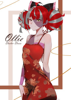 Rule 34 | 1girl, absurdres, ahoge, aou13093, black bow, bow, breasts, closed mouth, colored skin, commentary, double bun, dress, english commentary, floral print, floral print dress, grey hair, grey skin, hair bow, hair bun, heterochromia, highres, hololive, hololive indonesia, kureiji ollie, looking at viewer, mismatched pupils, multicolored hair, multicolored skin, patchwork skin, print dress, red dress, red eyes, red hair, small breasts, solo, stitched face, stitches, symbol-shaped pupils, virtual youtuber, x-shaped pupils, yellow eyes, zombie