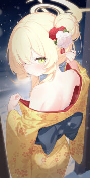 1girl absurdres blonde_hair blue_archive flower hair_bun halo highres japanese_clothes jiuchong_ying_fengxue kimono loli looking_at_viewer one_eye_closed professor_niyaniya_(blue_archive) solo yellow_halo yellow_kimono
