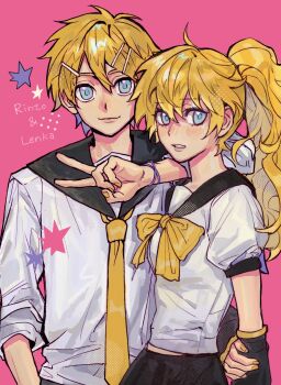 Rule 34 | 1boy, 1girl, arm behind back, arm on another's shoulder, black arm warmers, black sailor collar, black skirt, blonde hair, blue eyes, blush, bow, character name, closed mouth, commentary, embarrassed, genderswap, genderswap (ftm), genderswap (mtf), hair between eyes, hair ornament, hairclip, hand on own arm, highres, kagamine lenka, kagamine rinto, kasumi (chlorine 4to1), long hair, long sleeves, looking at viewer, necktie, pink background, ponytail, sailor collar, shirt, short hair, short sleeves, simple background, skirt, sleeves rolled up, smile, star (symbol), v, vocaloid, white shirt, yellow bow, yellow nails, yellow necktie