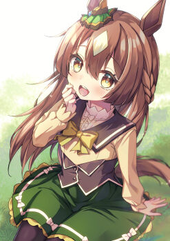 Rule 34 | 1girl, :d, animal ears, aonu koru, arms at sides, black corset, blush, bow, bow skirt, bowtie, braid, brown eyes, brown hair, clenched hand, commentary request, corset, cowboy shot, day, eyelashes, frilled skirt, frills, green skirt, hand up, happy, highres, horse ears, horse girl, horse tail, long hair, long sleeves, looking at viewer, on grass, open mouth, outdoors, satono diamond (umamusume), shirt, side braid, sitting, skirt, smile, solo, straight hair, tail, tareme, teeth, umamusume, upper teeth only, upturned eyes, very long hair, white bow, yellow bow, yellow bowtie, yellow shirt