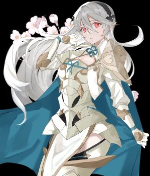 1girl armor armored_leotard blue_cape blush breasts cape cosplay female_corrin_(fire_emblem) fffera fire_emblem fire_emblem_cipher fire_emblem_fates fire_emblem_heroes gloves grey_hair hair_between_eyes hair_ornament hairband highres leotard long_hair looking_at_viewer male_corrin_(fire_emblem) male_corrin_(fire_emblem)_(cosplay) male_corrin_(hoshido_noble)_(fire_emblem) nintendo official_alternate_costume pointy_ears red_eyes simple_background solo very_long_hair white_armor white_cape white_hair