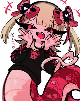 Rule 34 | black shirt, blonde hair, blush, breasts, commentary request, excited, eyelashes, fang, hair between eyes, hair ornament, hands up, heart, highres, ivi hakase, lamia, medium hair, monster girl, original, red eyes, red tail, shirt, simple background, skull print, small breasts, smile, snake girl, tail, white background