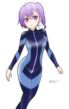 1girl absurdres artist_request blush bokutachi_wa_benkyou_ga_dekinai braid braided_ponytail breasts covered_collarbone diving_suit highres kominami_asumi matching_hair/eyes medium_breasts medium_hair ponytail purple_eyes purple_hair simple_background solo white_background