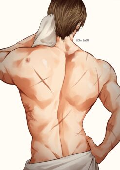 Rule 34 | 1boy, arm up, back, back muscles, brown hair, che sue00, commentary, cowboy shot, dimples of venus, english commentary, from behind, hand on own hip, highres, holding, leon s. kennedy, male focus, multiple scars, muscular, muscular male, naked towel, resident evil, scar, scar on arm, scar on back, short hair, simple background, solo, towel, twitter username, wash cloth, white background