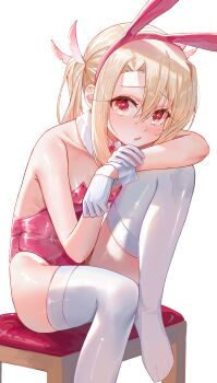 1girl absurdres animal_ear_hairband animal_ears bare_arms bare_shoulders blonde_hair blush breasts commentary detached_collar fake_animal_ears fate/kaleid_liner_prisma_illya fate_(series) feather_hair_ornament feathers gloves hair_ornament hairband highleg highleg_leotard highres illyasviel_von_einzbern kaze_22 knee_up leotard long_hair looking_at_viewer open_mouth pink_leotard playboy_bunny rabbit_ear_hairband rabbit_ears red_eyes simple_background sitting small_breasts solo thighhighs twintails white_background white_gloves white_thighhighs white_wrist_cuffs wrist_cuffs