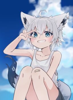 1girl absurdres aged_down ahoge alternate_hairstyle animal_ear_fluff animal_ear_piercing animal_ears aqua_eyes bandaid black_shorts black_tail blue_sky blurry blurry_background braid cloud commentary_request crossed_bangs depth_of_field double-parted_bangs earrings extra_ears fox_ears fox_girl fox_tail grin highres hololive jewelry looking_at_viewer multicolored_tail outdoors pentagram shirakami_fubuki short_hair shorts side_braid sidelocks single_braid single_earring sitting sky smile solo tail tank_top tensann3 tomboy v virtual_youtuber white_hair white_tail white_tank_top
