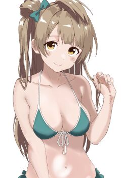 1girl blush breasts cleavage closed_mouth highres large_breasts looking_at_viewer love_live! maho_ron1 minami_kotori playing_with_own_hair simple_background smile solo