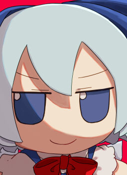 Rule 34 | 1girl, absurdres, blue bow, blue eyes, blue hair, bow, bowtie, cirno, closed mouth, commentary, double-parted bangs, fumo (doll), hair bow, highres, ice, ice wings, kame (kamepan44231), looking at viewer, portrait, red background, red bow, red bowtie, shirt, short hair, short sleeves, simple background, smile, solo, touhou, white shirt, wings