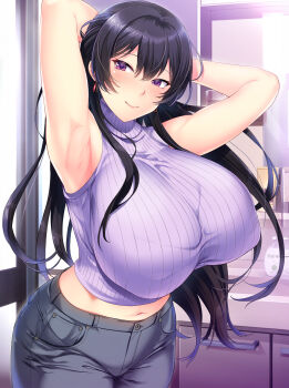 1girl armpits arms_up bathroom black_hair black_pants blush breasts closed_mouth dakikano denim fukami_arisa hair_between_eyes highres huge_breasts indoors jeans long_hair looking_at_viewer mature_female mdf_an mirror navel pants purple_eyes ribbed_sweater sidelocks sleeveless sleeveless_turtleneck smile solo standing sweater turtleneck turtleneck_sweater