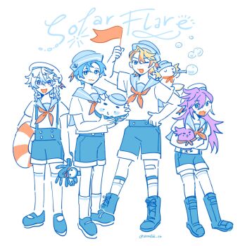 4boys absurdres altventurer_(regis_altare) axel_syrios axelotl_(axel_syrios) banzoin_hakka black_shoes blue_hair braid closed_mouth commentary english_commentary english_text full_body hakkito_(banzoin_hakka) hat highres hiimtae_sb holostars holostars_english legwear_garter long_hair looking_at_viewer multiple_boys octavio one_eye_closed open_mouth orange_hair poppet_(octavio) purple_hair regis_altare sailor_collar sailor_hat school_uniform serafuku shoes short_hair shorts simple_background smile socks twin_braids white_background white_socks