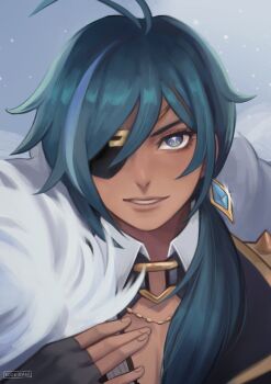 1boy black_gloves blue_eyes blue_hair commentary dark-skinned_male dark_skin english_commentary eyepatch fingerless_gloves fur_trim genshin_impact gloves hair_between_eyes hand_on_own_chest highres kaeya_(genshin_impact) kookirani looking_at_viewer male_focus one_eye_covered parted_lips side_ponytail smile solo white_fur