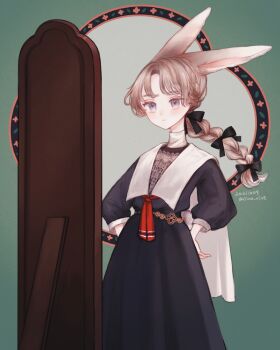 1girl animal_ears black_bow black_dress bow braid braided_ponytail brown_hair closed_mouth commentary_request cowboy_shot dated dress full-length_mirror green_background grey_eyes hair_bow hands_on_own_hips limo_nine long_hair looking_at_mirror mirror neckerchief original rabbit_ears rabbit_girl rabbit_tail red_neckerchief shirt signature solo standing tail undershirt white_shirt