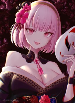 1girl :d absurdres bare_shoulders black_kimono breasts cleavage collarbone commentary english_commentary flower hair_flower hair_ornament hairband highres holding holding_mask hololive hololive_english japanese_clothes kawasemi_(sphere_garden) kimono long_hair looking_at_viewer mask mori_calliope mori_calliope_(new_year) nail_polish official_alternate_costume official_alternate_hairstyle open_mouth pink_eyes pink_hair red_flower red_hairband red_rose rose short_hair smile solo twitter_username upper_body virtual_youtuber